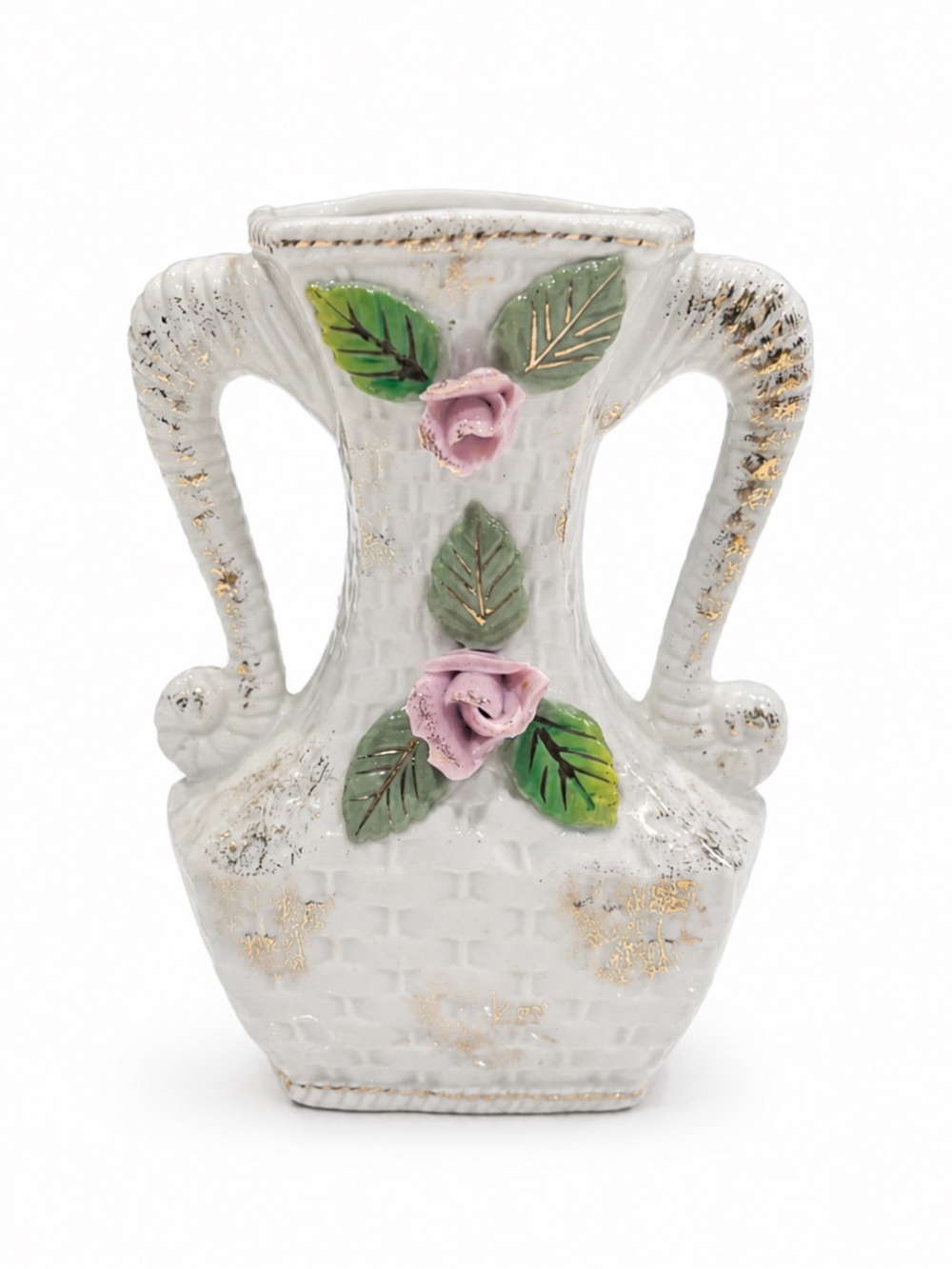 Vintage White Ceramic Double-Handled Vase with Pink Rose Accents